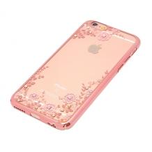 Луксозен твърд гръб KAVARO с камъни Swarovski за Apple iPhone 6 / iPhone 6S - прозрачен / розови цветя / Rose Gold кант