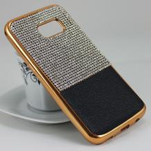 Луксозен силиконов калъф / гръб / TPU с камъни за Samsung Galaxy S7 G930 - черен със златист кант / имитиращ кожа