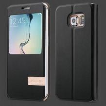 Луксозен кожен калъф тефтер S-View със стойка USAMS за Samsung Galaxy S6 Edge G925 - черен