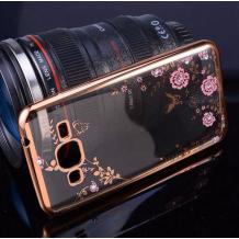 Луксозен силиконов калъф / гръб / TPU с камъни за Samsung Galaxy J3 / J3 2016 J320 - прозрачен / розови цветя / златист кант