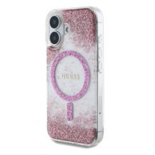 Оригинален калъф / гръб / GUESS Bottom Glitter с безжично зареждане MagSafe кейс за Apple iPhone 16 (6.1) - розов брокат