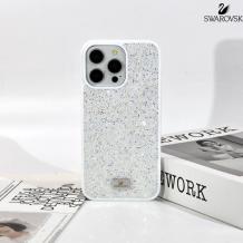Луксозен твърд гръб Swarovski за Apple iPhone 15 (6.1) - бял / камъни