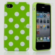 Силиконов калъф / гръб / TPU за Apple iPhone 4 / 4S - зелен на бели точки