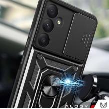Удароустойчив гръб TPU кейс Slide Camera Case Magnetic Finger Ring Car Holder за Samsung Galaxy S21 FE - черен