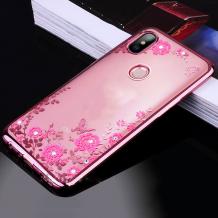 Луксозен силиконов калъф / гръб / TPU с камъни за Xiaomi RedMi Note 6 - прозрачен / розови цветя / Rose Gold кант