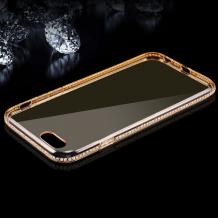 Луксозен силиконов калъф / гръб / TPU UYITLO с камъни за Apple iPhone 6 / iPhone 6S - прозрачен с златист кант