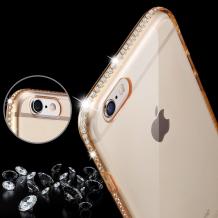 Луксозен силиконов калъф / гръб / TPU UYITLO с камъни за Apple iPhone 6 / iPhone 6S - прозрачен с златист кант