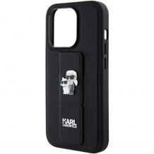 Оригинален калъф / кейс  / Karl Lagerfeld Gripstand Saffiano Karl and Choupette Pins за iPhone 15 Pro (6.1) - черен