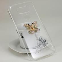 Луксозен твърд гръб с камъни за LG G5 - прозрачен / пеперуда
