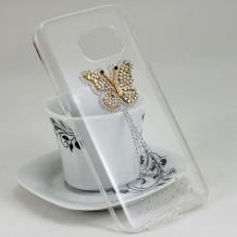 Луксозен твърд гръб с камъни за Samsung Galaxy S7 G930 - прозрачен / пеперуда