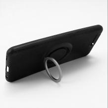 Луксозен силиконов гръб със стойка за Huawei P10 Lite - черен със сребристо / carbon