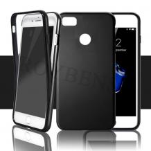 Tвърд гръб 360° със силиконова част за Huawei Honor 8 Lite - прозрачно и черно / черен кант / лице и гръб