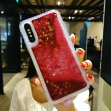 Луксозен твърд гръб 3D Water Case за Samsung Galaxy A7 2018 A750F - прозрачен / течен гръб с червен брокат / звездички