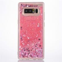 Луксозен твърд гръб 3D Water Case за Samsung Galaxy S10 - прозрачен / течен гръб с брокат / сърца / розов