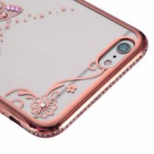 Луксозен силиконов калъф / гръб / TPU с камъни за Apple iPhone 7- прозрачен с Rose Gold кант / пеперуда