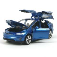 Метална кола с отварящи се врати капаци светлини и звуци Tesla Model X 1:24 - Синя