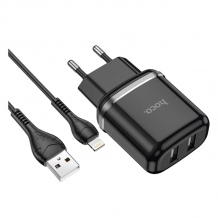 Зарядно устройство HOCO N4 220V / Dual USB to Lightning - черно
