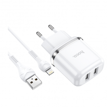 Зарядно устройство HOCO N4 220V / Dual USB to Lightning - бяло