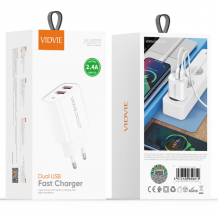 Универсално зарядно устройство / адаптер / VIDVIE PLE272 220V 30W / Dual USB - бяло