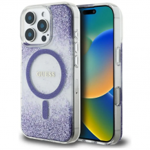 Оригинален калъф / гръб / GUESS Bottom Glitter с безжично зареждане MagSafe кейс за Apple iPhone 16 Pro (6.3) - лилав брокат