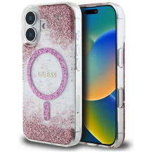 Оригинален калъф / гръб / GUESS Bottom Glitter с безжично зареждане MagSafe кейс за Apple iPhone 16 (6.1) - розов брокат