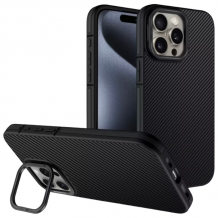 Луксозен гръб / кейс / Carbon Stand Case за Apple iPhone 16 Pro (6.3) - черен / стойка