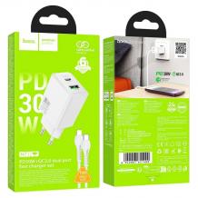 Зарядно устройство HOCO N71 220V 30W / 2 port USB / кабел Type C-Type C - бял