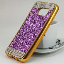 Луксозен силиконов калъф / гръб / TPU с камъни за Samsung Galaxy S7 G930 - лилав / златист кант