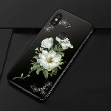 Луксозен силиконов калъф / гръб / TPU с камъни за Xiaomi Redmi Note 5 / Note 5 Pro - черен / бели цветя