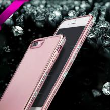 Луксозен силиконов калъф / гръб / TPU с камъни за Apple iPhone 7 Plus - прозрачен / Rose Gold кант