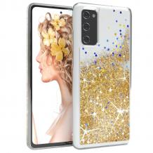 Луксозен твърд гръб 3D Water Case за Samsung Galaxy S20 Ultra - прозрачен / течен гръб със златен брокат и перли