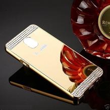 Луксозен алуминиев бъмпер с твърд гръб и камъни за Samsung Galaxy Note 4 N910 - златист / огледален