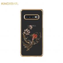 Луксозен твърд гръб KINGXBAR Swarovski Diamond за Samsung Galaxy S10 Plus - прозрачен със златист кант / червена рибка