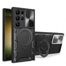 Удароустойчив гръб TPU кейс Slide Camera Case Magnetic Finger Ring Car Holder за Samsung Galaxy S25 Ultra - черен