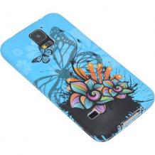 Силиконов калъф / гръб / TPU за Samsung G900 Galaxy S5 / Samsung S5 - син с цветя и пеперуда