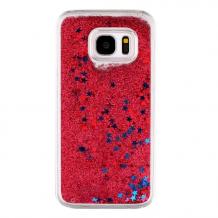 Луксозен твърд гръб 3D за Samsung Galaxy S7 Edge G935 - прозрачен / червен брокат / звездички