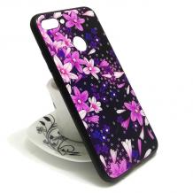 Луксозен стъклен твърд гръб със силиконов кант и камъни за Samsung Galaxy S8 Plus G955 - черен / лилави цветя