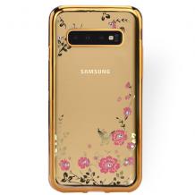 Луксозен силиконов калъф / гръб / TPU с камъни за Samsung Galaxy S10 - прозрачен / розови цветя / златист кант