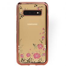 Луксозен силиконов калъф / гръб / TPU с камъни за Samsung Galaxy S10e - прозрачен / розови цветя / Rose Gold кант