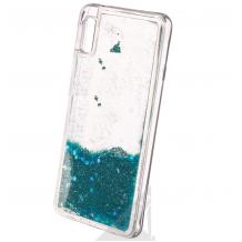 Луксозен твърд гръб 3D Water Case за Samsung Galaxy A10 - прозрачен / течен гръб с брокат / тюркоазен