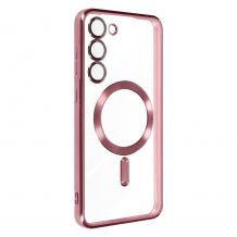 Силиконов калъф / гръб / Clear Case с безжично зареждане MagSafe кейс за Samsung Galaxy S26 - прозрачен кейс с протектори за камерите розов кант