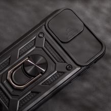 Удароустойчив гръб TPU кейс Slide Camera Case Magnetic Finger Ring Car Holder за iPhone 15 (6.1) - черен