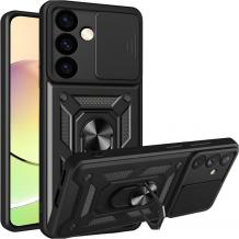 Удароустойчив гръб TPU кейс Slide Camera Case Magnetic Finger Ring Car Holder за Samsung Galaxy S25 Plus - черен