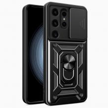 Удароустойчив гръб TPU кейс Slide Camera Case Magnetic Finger Ring Car Holder за Samsung Galaxy S25 Ultra - черен