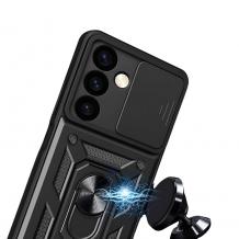 Удароустойчив гръб TPU кейс Slide Camera Case Magnetic Finger Ring Car Holder за Samsung Galaxy S25 - черен