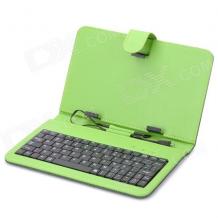 Универсален кoжен калъф за таблет 7" със стойка / клавиатура с Micro USB кабел - черен със зелено