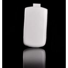 Кожен калъф с издърпване тип джоб за Samsung Galaxy Ace 2 i8160 - бял