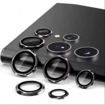3D стъклен протектор с метални рингове за задна камера за Samsung Galaxy S24 Ultra - черен