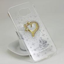Луксозен твърд гръб с камъни за Samsung Galaxy S6 G920 - прозрачен / сърце