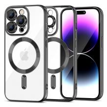 Силиконов калъф / гръб / Clear Case с безжично зареждане MagSafe кейс за Apple iPhone 15 Pro Max (6.7) - прозрачен с протектори за камерите черен кант